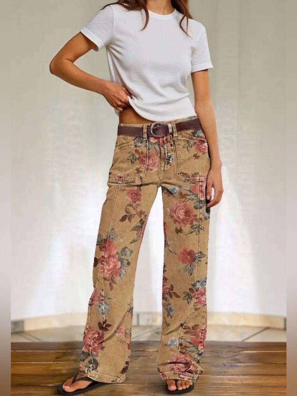 Flamingals Floral Print Mid Waist Straight Leg Jeans